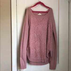 Pink sweater with floral lace overlay